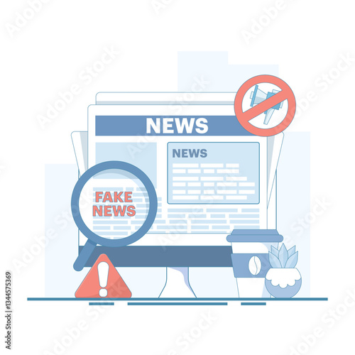 Fake News Detection Concept. Device with Magnifying Glass. Detection and control of fake news, social media disinformation and the spread of false facts. Flat Design Illustration.