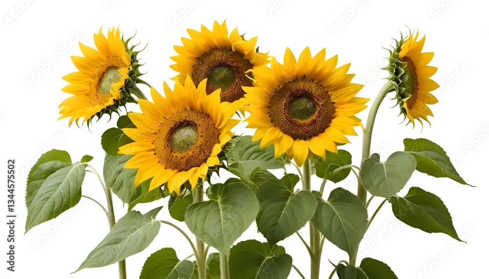 Obraz premium Bright sunflowers in full bloom against a white background. A close-up, studio shot of several vibrant sunflowers with lush green leaves.