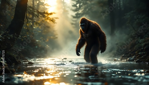 Bigfoot Walking Through Forest Stream at Sunrise