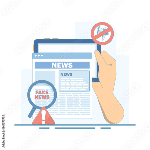Fake News Detection Concept. Device with Magnifying Glass. Detection and control of fake news, social media disinformation and the spread of false facts. Flat Design Illustration.