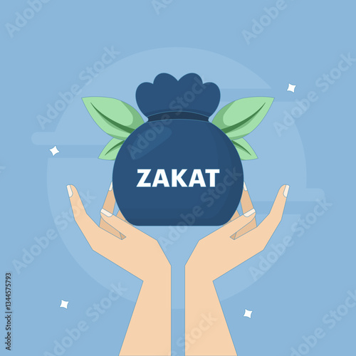 concept of paying zakat, giving aid or charity. getting money. donation funds. hand holding a bag of money and coins. flat style design illustration with grain texture. element