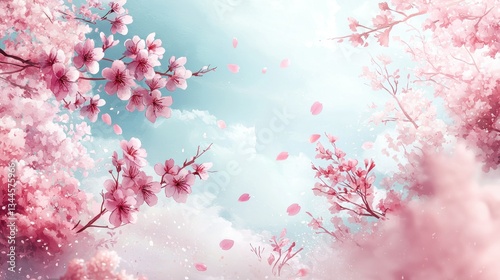 Spring Cherry Blossoms in Soft Pastel Colors, Sky Background, Perfect for Invitations or Cards