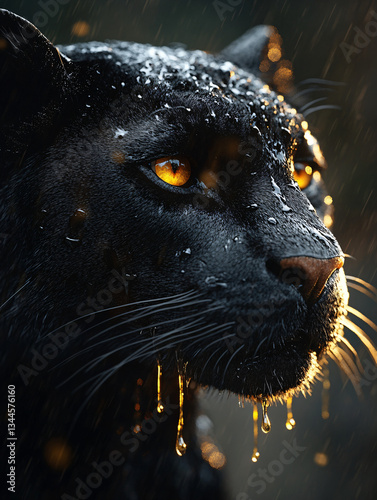 Black jaguar portriat with shimmering gold 
