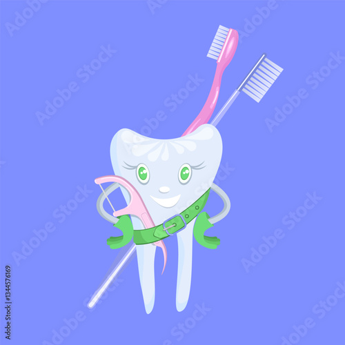 Cartoon tooth with toothbrushes and with a toothpick and dental floss.Vector illustration for dental designs,textiles.