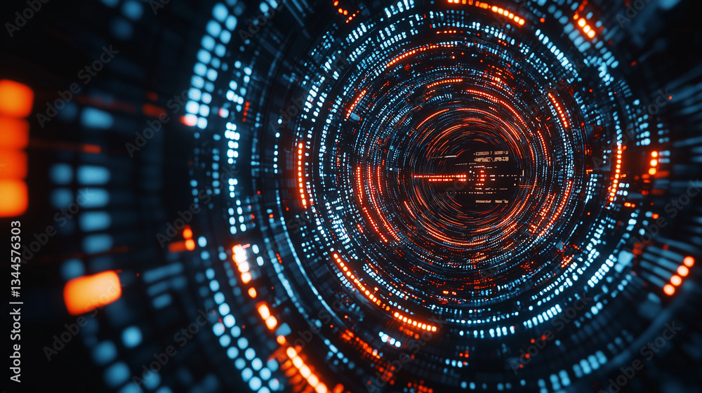 Fototapeta premium Futuristic Cyber Data Tunnel with Glowing Blue and Orange Digital Elements in a High-Tech Virtual Space, Representing Information Flow, Big Data, Blockchain, and AI-Driven Innovation