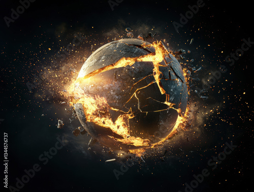 broken globe with glowing cracks and fiery explosions, depicting destruction and chaos in cosmic scene. image evokes sense of urgency and transformation
