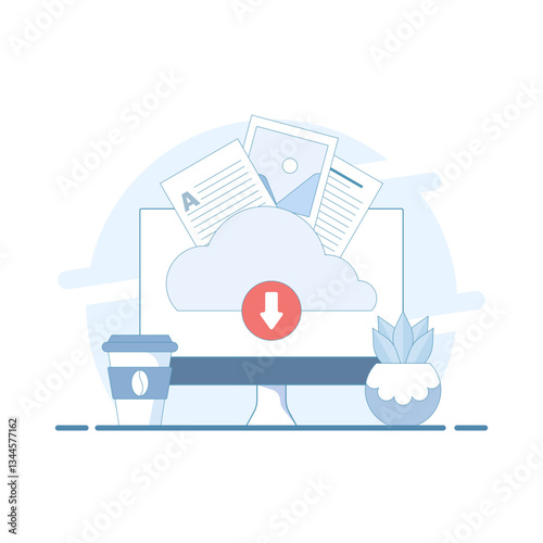 Cloud Based Data Upload Concept. Cloud Storage with Documents. Uploading and downloading of information and data processing, cloud storage or data transfer services. Flat illustration.