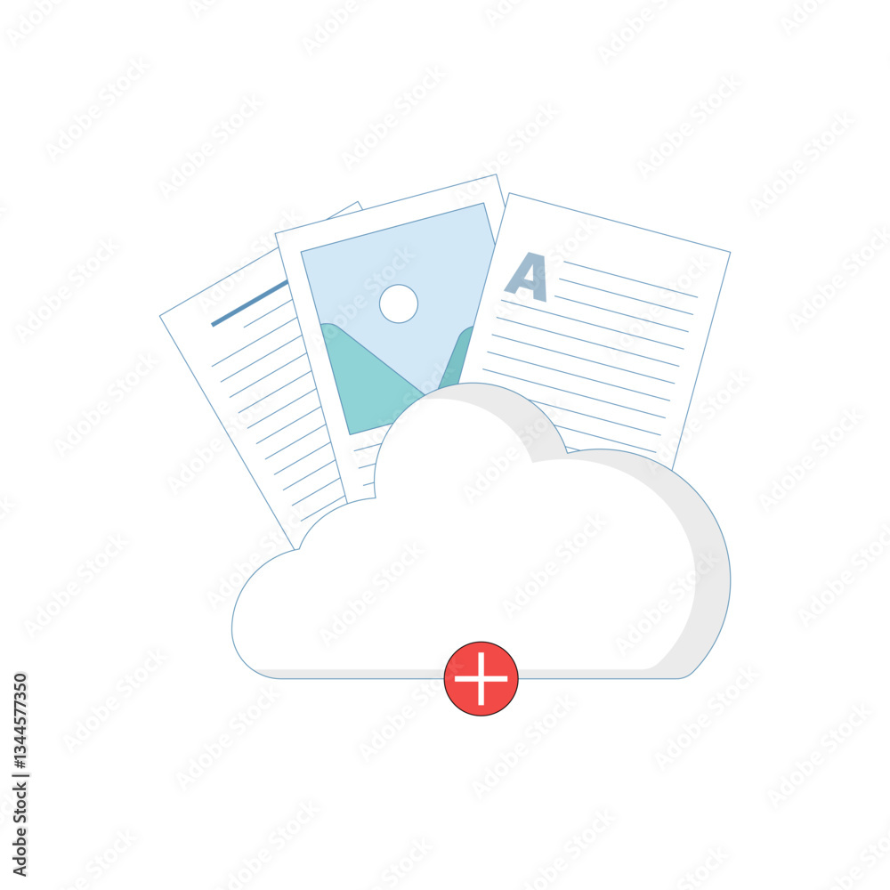 Attachment File Concept. Cloud Storage with Documents. Documents, files, information. data and file information on cloud computing technology network storage space. Flat Design Illustration.