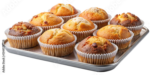 Tray of Freshly Baked Muffins with Golden Tops - A tray filled with delicious, golden-brown muffins in paper liners, featuring different flavors like chocolate chip and vanilla, fresh from the oven.

