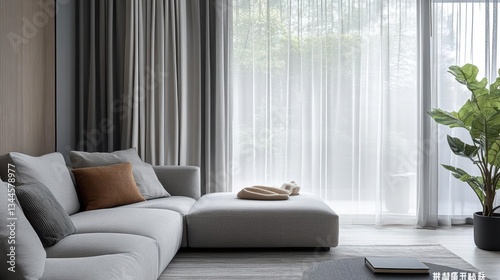 Elegant minimalist curtains in dual textures, blending matte and sheer fabric seamlessly