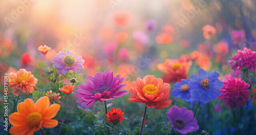 Vibrant Flower Meadow in Soft Sunlight
