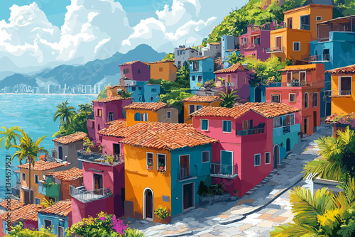 Vector illustration of a colorful hillside neighborhood overlooking the ocean, with vibrant houses, tropical greenery, and a city skyline in the distance