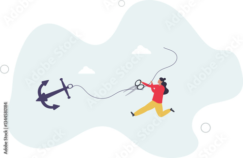 Freedom, relief or escape from bad habit, psychology anchoring effect or cut heavy burden to growing more concept.flat character life .