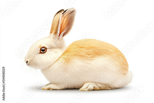 Realistic rabbit with white and light brown fur resting on the ground with ears perked up on an isolated white background