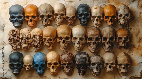 Collection of human skulls various archaeological digs showcasing the diversity and evolution of human ancestors over different time periods