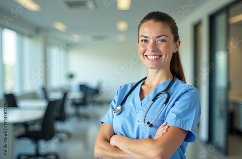 Free Download Female doctor in uniform with space for text. Professional and confident medical specialist. Ideal for healthcare, veterinary, hospital, clinic, medical services, and pharmaceutical advertising. - GFXLoad