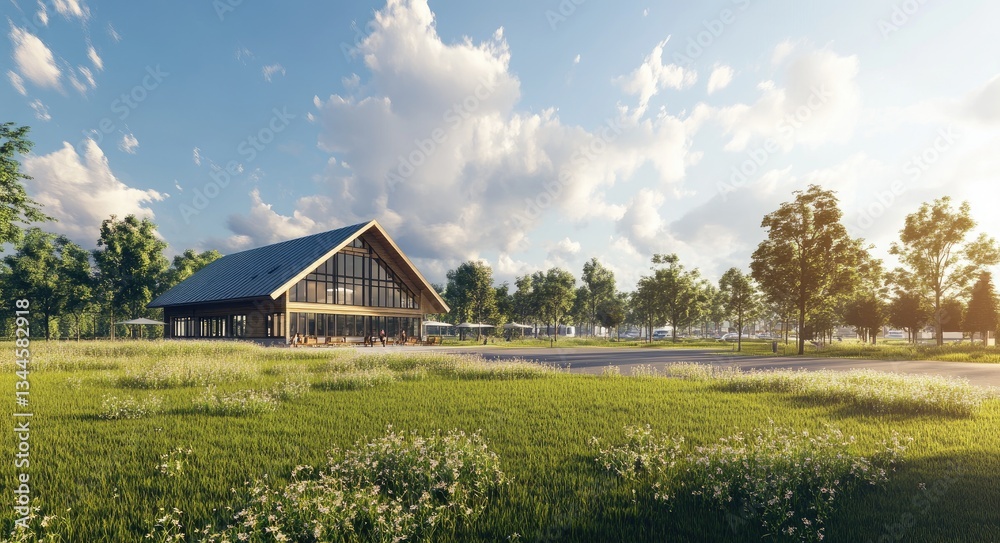 A simple two-story house with a gable roof, set in the modern German countryside on green grass under a blue sky
