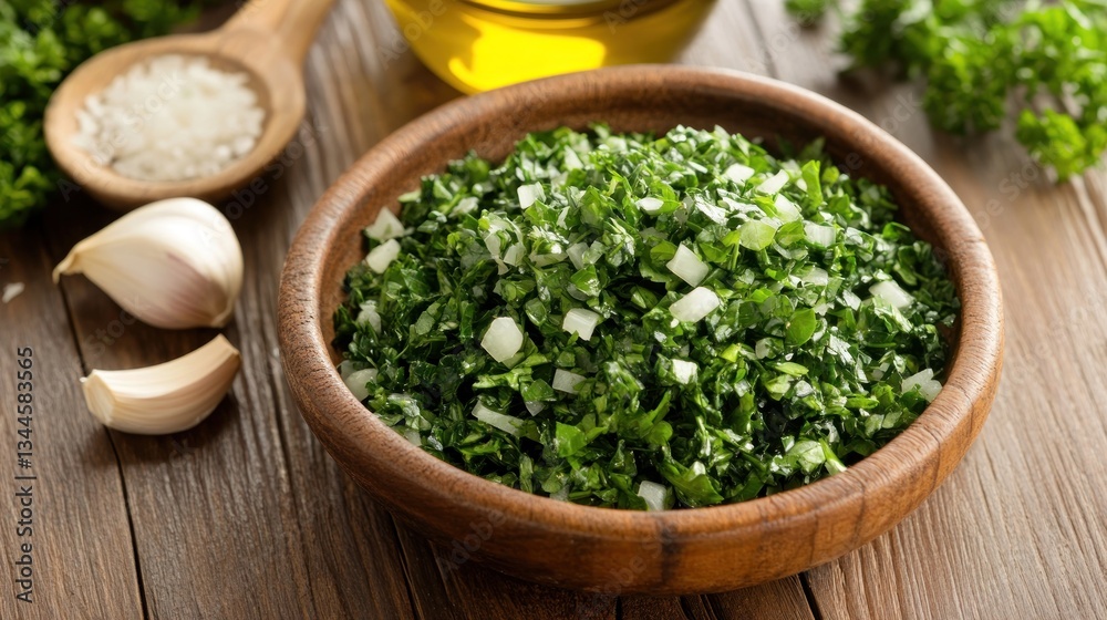 Freshly chopped herbs and garlic displayed on rustic wooden table surface Freshly chopped herbs and garlic displayed on rustic wooden table surface
