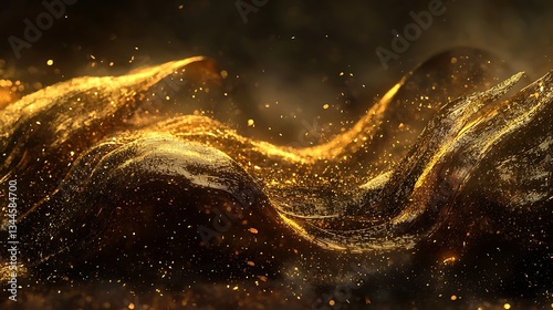 Wavy gold dust design, particle flow on dark backdrop for backgrounds, ads, or arts