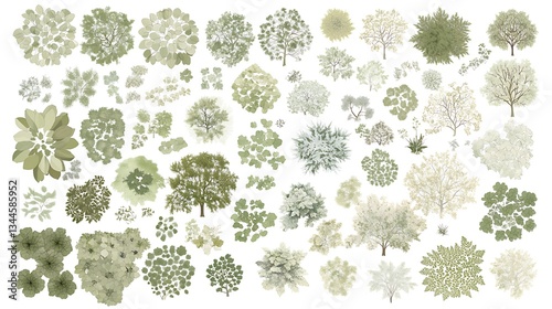Trees top view for garden plan in white background