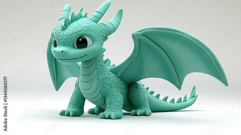 Fototapeta premium Cute teal dragon figurine, studio shot, light background, possible use for children's book illustration