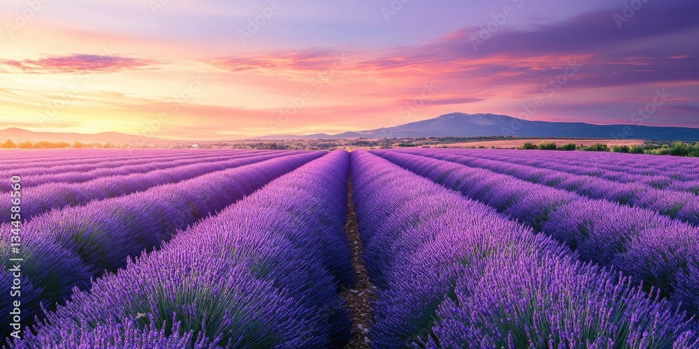 A wide shot of the lavender fields in Provence, France at sunset. The purple hues of the flowers contrast with the blue sky and pink clouds above them A wide shot of the lavender fields in Provence, France at sunset. The purple hues of the flowers contrast with the blue sky and pink clouds above them