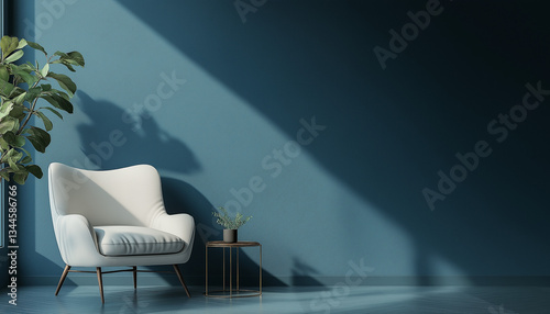 Minimalist Modern Interior: Blue Armchair & Side Table Against Dark Wall – Navy Blue Home Decor with Text Space