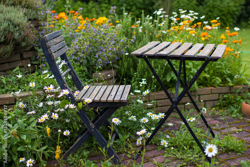 herb spiral in the garden with fresh herbs and flowers, table and chair