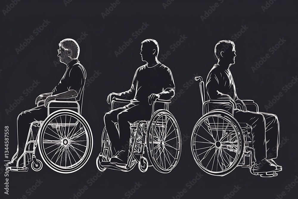 Obraz premium Three individuals in wheelchairs, depicted in a minimalist line art style.