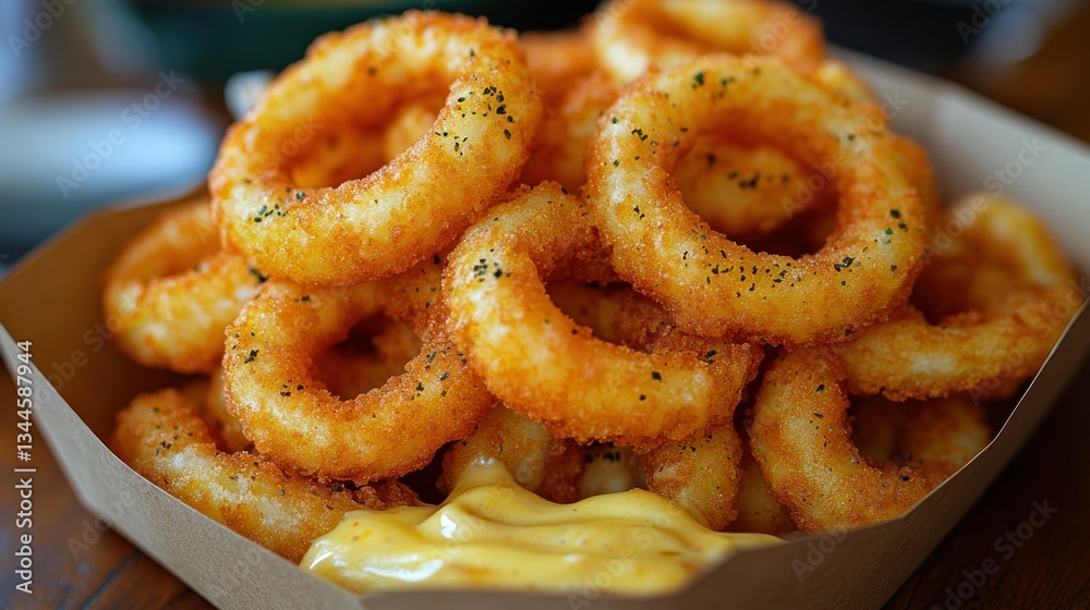 Crispy onion rings piled high with dipping sauce Crispy onion rings piled high with dipping sauce