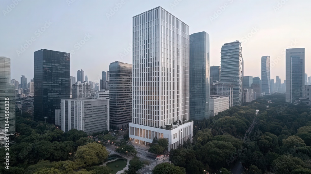 Modern Highrise Building in City Landscape with Green Surroundings Modern Highrise Building in City Landscape with Green Surroundings