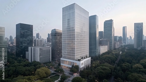 Modern Highrise Building in City Landscape with Green Surroundings