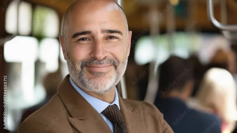 Confident businessman in tailored suit riding cable car, smiling directly at camera during professional urban commute
