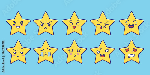 Adorable cartoon star emoji set with different facial expressions, including love, anger, happiness, sadness, and excitement. Perfect for digital stickers, kids' illustrations, social media icons, mob