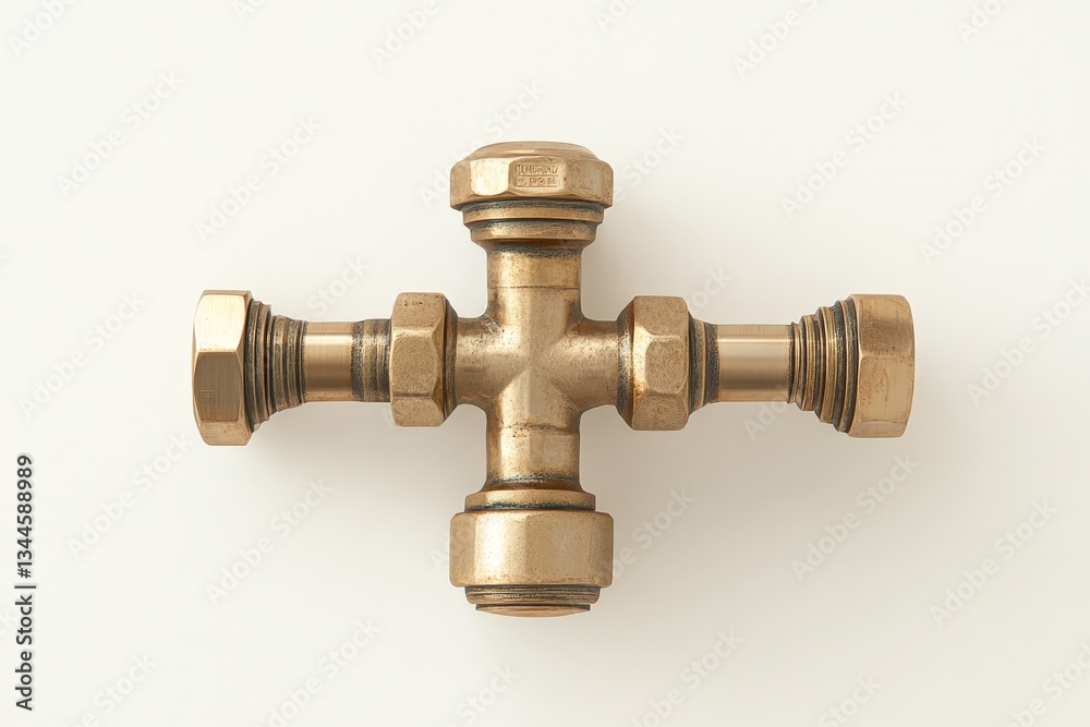 A brass pipe fitting with multiple threaded connection points A brass pipe fitting with multiple threaded connection points