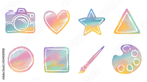 Whimsical pastel-colored hand-drawn art supplies and shapes