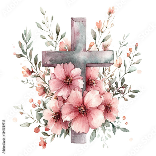 Fototapeta Naklejka Na Ścianę i Meble -  Watercolor grey cross with pink flowers and green foliage isolated background