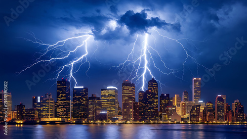 Dramatic cityscape illuminated by a powerful thunderstorm