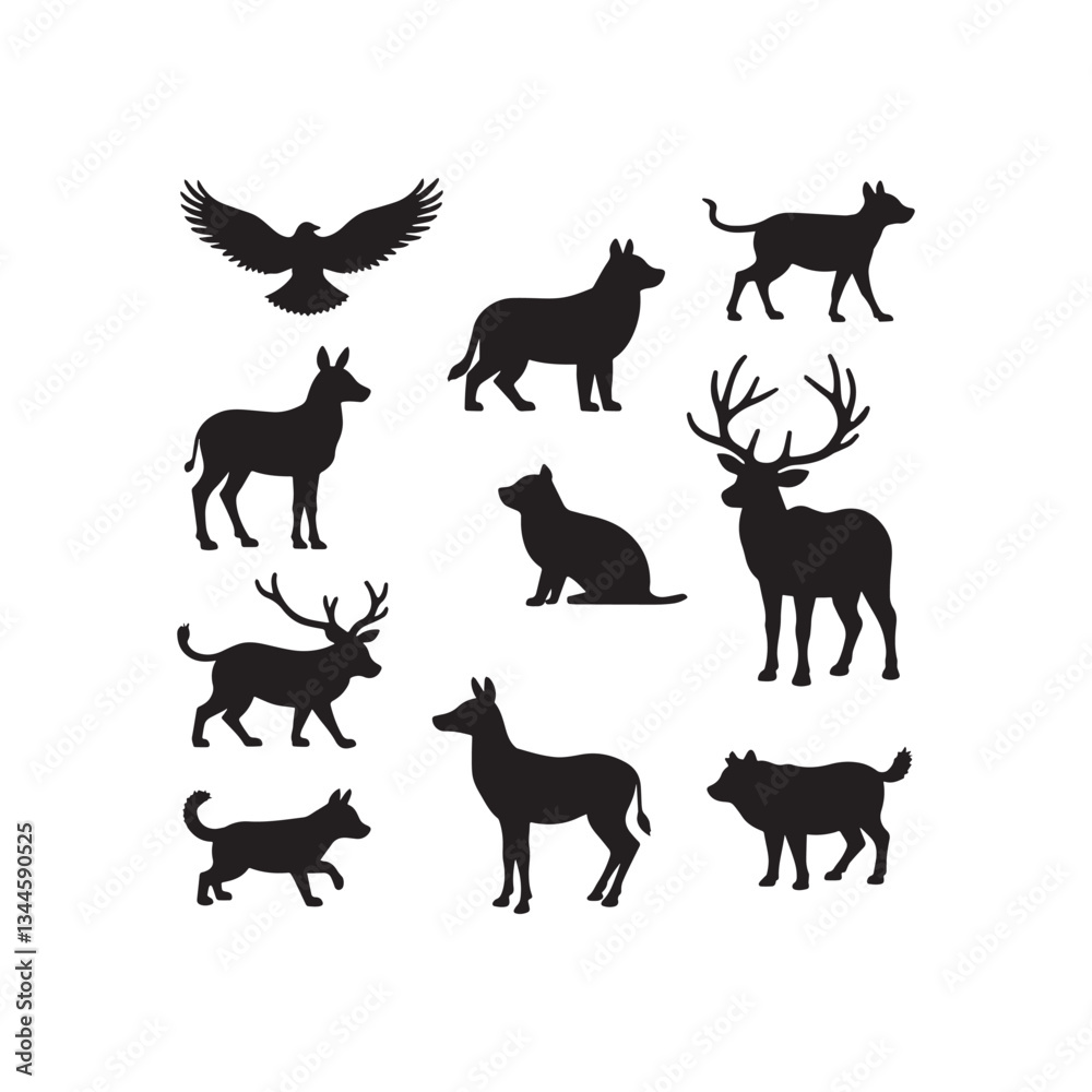 Fototapeta premium This image showcases a mix of wild animals, including bears, deer, and birds, silhouetted against a light background. It brings out the essence of diverse wildlife coexisting in harmony