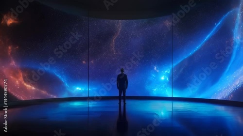 A lone figure stands in front of a massive curved digital screen displaying a cosmic explosion of color. Concept of digital art and immersive experience.