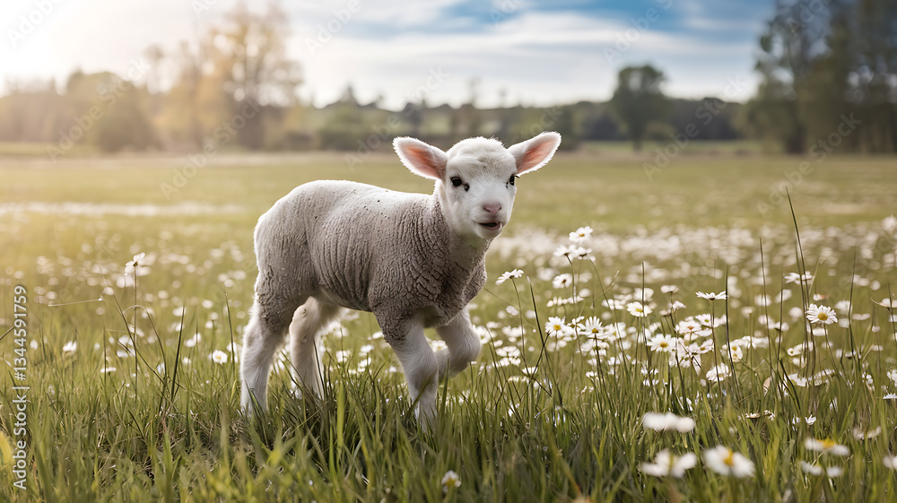 Obraz premium Cute lamb in a meadow springtime scene grassy field daisies