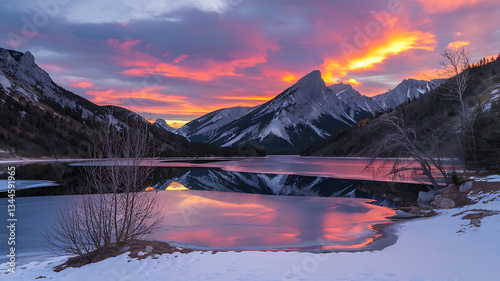 Frozen lake reflecting vibrant winter sunrise over snow-capped mountains