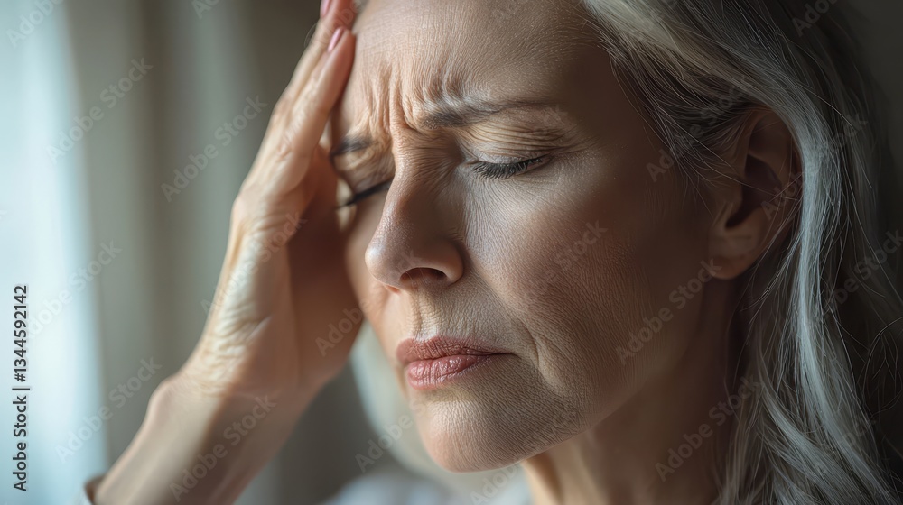 Obraz premium High blood pressure risk concept. A woman experiences distress, holding her forehead, conveying emotions of pain or stress in a serene indoor setting.