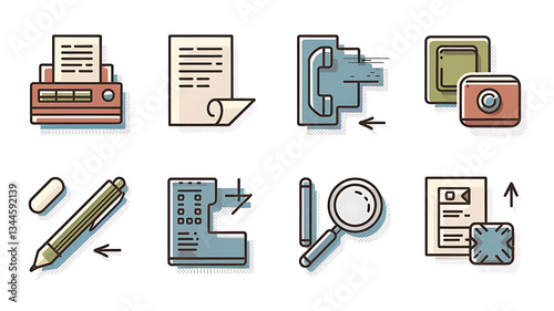 Office supplies and technology icons in a retro flat design style