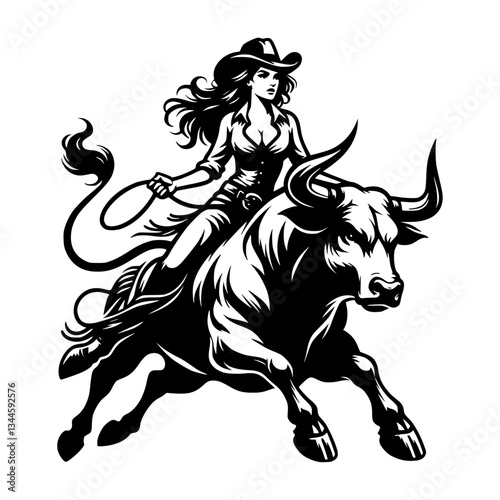 A vector silhouette of a cowgirl riding an angry bull, isolated on a white background.