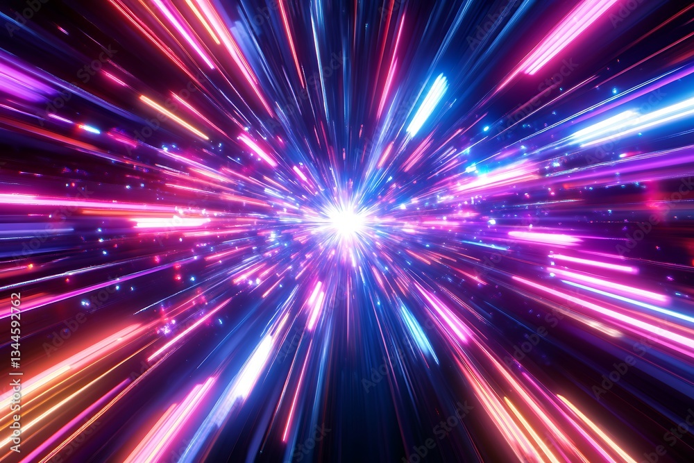 A vibrant burst of neon light streaks across a dark cosmic background, creating a sense of exhilarating speed and boundless energy with a dazzling display of pink, blue, and orange hues. A vibrant burst of neon light streaks across a dark cosmic background, creating a sense of exhilarating speed and boundless energy with a dazzling display of pink, blue, and orange hues.
