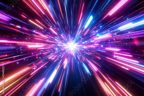 A vibrant burst of neon light streaks across a dark cosmic background, creating a sense of exhilarating speed and boundless energy with a dazzling display of pink, blue, and orange hues.