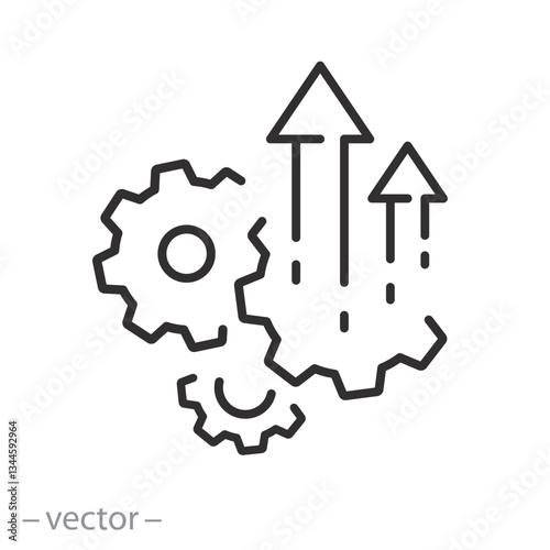 improve process icon, improvement or modernization, gears with up arrows, thin line web symbol on white background - editable stroke vector illustration eps10