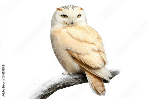 Realistic barn owl with soft cream and white feathers perched on a branch while gazing intently on an isolated white background