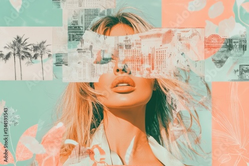 Stylish woman with artistic overlay of cityscape and foliage in vibrant colors